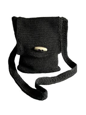 Black Woven Crochet Crossbody Phone Bag Flap Front Zip Closure